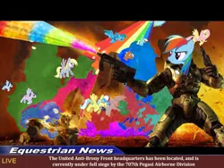 Size: 640x480 | Tagged: safe, derpibooru import, edit, derpy hooves, fluttershy, rainbow dash, pegasus, pony, anti-brony, artifact, camera, female, gun, halo (series), hat, image, jpeg, male, master chief, meme, news, news report, rainbow, weapon