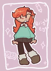 Size: 1185x1667 | Tagged: safe, artist:toaestt, derpibooru import, bright eyes, human, my little pony tales, background, clothes, g1, image, leg warmers, png, red hair, redesign, smiling, solo, sweater, tights
