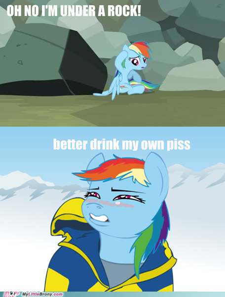 Size: 500x658 | Tagged: safe, derpibooru import, edit, edited screencap, screencap, rainbow dash, may the best pet win, artifact, bear grylls, blushing, caption, image, image macro, impact font, implied piss drinking, meme, my little brony, png, ponified meme, rock, text, vulgar, watermark