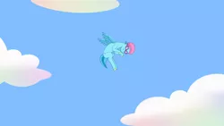 Size: 3410x1920 | Tagged: safe, derpibooru import, screencap, pegasus, pony, my little pony: tell your tale, spoiler:g5, spoiler:my little pony: tell your tale, spoiler:tyts01e13, cloud, dumpster diving, g5, goggles, high res, image, jpeg, male, neptune (character), solo, spread wings, stallion, swimming goggles, wings