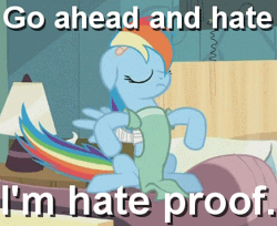 Size: 314x256 | Tagged: safe, derpibooru import, edit, edited screencap, screencap, rainbow dash, pegasus, pony, read it and weep, artifact, bandage, bandaged wing, bed, caption, eyes closed, female, gif, hater, haters gonna hate, hospital bed, hospital gown, image, image macro, meme, solo, text, wings