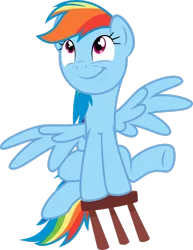 Size: 2149x2790 | Tagged: safe, artist:sakatagintoki117, derpibooru import, rainbow dash, pegasus, pony, testing testing 1-2-3, .svg available, cute, dashabetes, female, high res, image, looking up, mare, png, simple background, sitting, smiling, solo, spread wings, stool, stooldash, transparent background, vector, wings