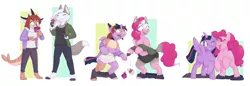 Size: 4800x1646 | Tagged: safe, artist:fauvfox, derpibooru import, pinkie pie, twilight sparkle, twilight sparkle (alicorn), oc, alicorn, earth pony, pony, abstract background, clothes, cupcake, duo, female, food, furry, furry oc, glasses, high res, image, nonbinary, png, transformation, transformation sequence