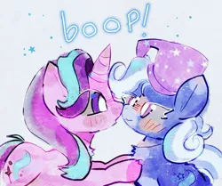 Size: 1024x855 | Tagged: safe, artist:bug-roux, derpibooru import, starlight glimmer, trixie, pony, unicorn, boop, clothes, duo, duo female, eye clipping through hair, female, hat, horn, image, jpeg, lesbian, looking at each other, looking at someone, mare, noseboop, shipping, simple background, startrix, trixie's hat, white background