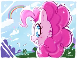Size: 933x710 | Tagged: safe, artist:fipoki, derpibooru import, pinkie pie, earth pony, pony, balloon, bust, cute, diapinkes, female, image, looking back, mare, png, portrait, question mark, rainbow, smiling, solo