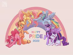 Size: 2048x1536 | Tagged: safe, artist:froggsalt, derpibooru import, applejack, fluttershy, pinkie pie, rainbow dash, rarity, twilight sparkle, twilight sparkle (alicorn), alicorn, earth pony, pegasus, pony, unicorn, 2022, cute, female, image, jpeg, mane six, mare, one eye closed, open mouth, pride month, rainbow, smiling, wink