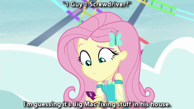 Size: 640x360 | Tagged: semi-grimdark, suggestive, derpibooru import, edit, edited screencap, screencap, fluttershy, equestria girls, equestria girls series, rollercoaster of friendship, 1 guy 1 screwdriver, caption, equestria land, female, hairclip, image, image macro, implied big macintosh, meme, mobile phone, phone, png, shitposting, shock sites, smartphone, solo, text, this will end in tears, this will not end well