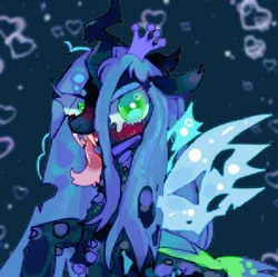 Size: 1024x1020 | Tagged: safe, artist:bug-roux, derpibooru import, queen chrysalis, changeling, changeling queen, pony, blue background, female, heart, image, jpeg, looking at you, mare, simple background, solo, tongue out