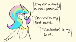 Size: 1800x1000 | Tagged: safe, artist:adamscage, derpibooru import, princess celestia, alicorn, pony, dialogue, female, hoof on chest, image, mare, png, simple background, solo, talking to viewer, yellow background