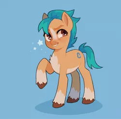 Size: 1260x1242 | Tagged: safe, artist:croakdream, derpibooru import, hitch trailblazer, earth pony, pony, alternate cutie mark, blaze (coat marking), blue background, chest fluff, coat markings, dreamworks face, facial markings, femboy, g5, grin, image, jpeg, male, open mouth, open smile, pale belly, raised hoof, simple background, smiling, socks (coat marking), solo, stallion, starry eyes, stars, unshorn fetlocks, wingding eyes