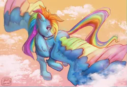 Size: 4096x2803 | Tagged: safe, artist:jaynsparkle, derpibooru import, rainbow dash, pegasus, pony, chest fluff, cloud, colored wings, colored wingtips, female, flying, image, jpeg, lidded eyes, looking at you, mare, multicolored wings, rainbow wings, smiling, solo, spread wings, wings