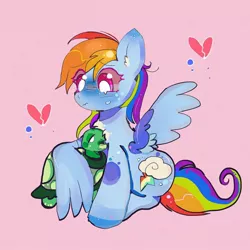 Size: 1250x1250 | Tagged: safe, artist:bug-roux, derpibooru import, rainbow dash, tank, pegasus, pony, tortoise, broken hearts, crying, cute, dashabetes, ear fluff, eye clipping through hair, female, heart, hug, image, jpeg, one wing out, pink background, ponytober, simple background, sitting, white pupils, winghug, wings