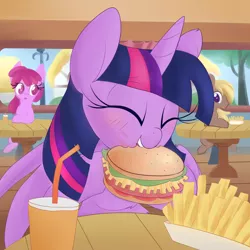 Size: 2400x2400 | Tagged: safe, artist:illusion, derpibooru import, berry punch, berryshine, twilight sparkle, twilight sparkle (alicorn), alicorn, earth pony, pony, blushing, burger, drink, eating, food, french fries, image, messy eating, png, soda, twilight burgkle