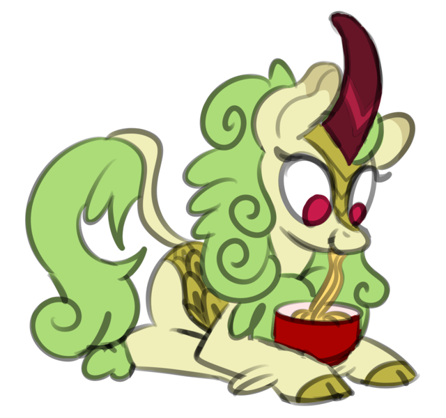 Size: 1578x1479 | Tagged: safe, artist:nonameorous, derpibooru import, spring glow, kirin, sounds of silence, bowl, food, green hair, image, looking down, noodle, noodles, pink eyes, png, simple background, sitting, solo, transparent background