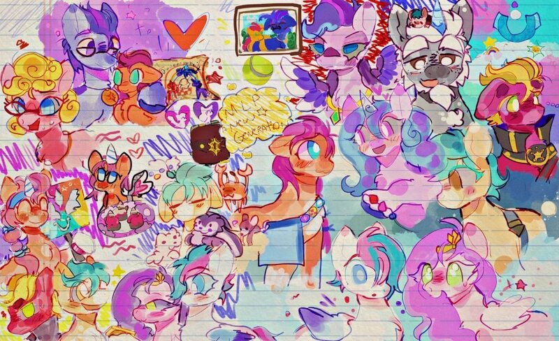Size: 1024x625 | Tagged: safe, artist:bug-roux, derpibooru import, hitch trailblazer, izzy moonbow, phyllis cloverleaf, pipp petals, queen haven, sprout cloverleaf, sunny starscout, zipp storm, crab, earth pony, pegasus, pony, unicorn, ^^, alphabittle blossomforth, argyle starshine, ball, bracelet, eye clipping through hair, eyes closed, female, g5, glasses, hair over one eye, heart, horn, image, jewelry, jpeg, lined paper, male, mare, open mouth, open smile, smiling, stallion, tennis ball, wings