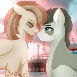 Size: 2167x2160 | Tagged: safe, artist:bellfa, derpibooru import, oc, pony, attraction, background, blue eyes, carnival, couple, cute, eyes closed, female, image, jpeg, looking at someone, love, male, smiling