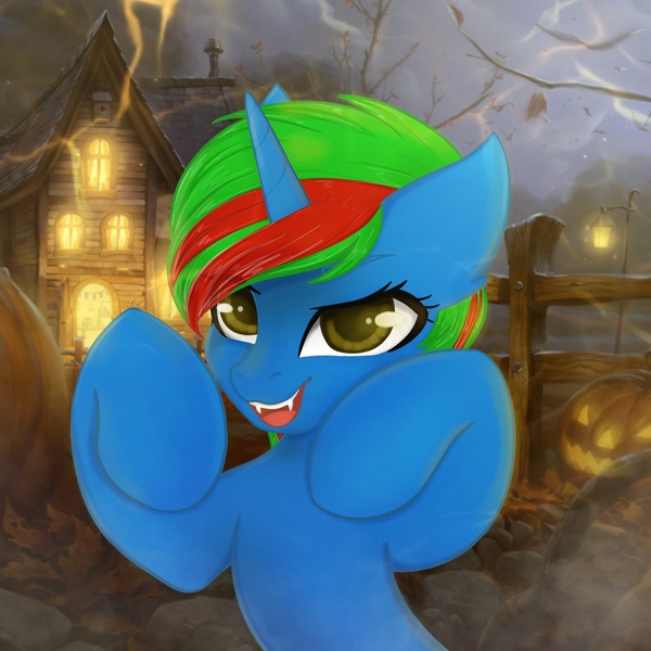 Size: 1280x1280 | Tagged: safe, artist:bellfa, derpibooru import, oc, oc:wander bliss, pony, atmosphere, brown eyes, dark magic, fangs, fog, green hair, halloween, holiday, horn, image, jpeg, lightning, magic, male, moon, open mouth, original art, pumpkin, raised leg, sinister, sinister smile, smiling