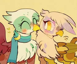 Size: 1024x853 | Tagged: safe, artist:bug-roux, derpibooru import, gilda, greta, gryphon, ^^, blushing, chest fluff, clothes, cute, duo, duo female, eyes closed, female, folded wings, heart, image, jpeg, looking at someone, one eye closed, scarf, simple background, wings, yellow background