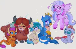 Size: 1556x1008 | Tagged: safe, artist:bug-roux, derpibooru import, gallus, ocellus, sandbar, silverstream, smolder, yona, changedling, changeling, dragon, earth pony, gryphon, hippogriff, pony, yak, eyes closed, female, flying, folded wings, image, jpeg, looking at someone, lying down, male, one eye closed, onomatopoeia, prone, simple background, sitting, sleeping, sound effects, stallion, student six, white background, wings, wink, zzz
