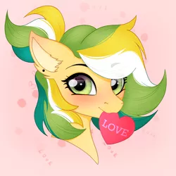 Size: 4050x4050 | Tagged: safe, artist:bellfa, derpibooru import, oc, oc:shine byte, pony, bust, ear piercing, embarrassed, eyelashes, female, gradient eyes, green hair, heart, image, looking at you, love, loving gaze, original art, piercing, png, portrait, simple background, solo, solo female, yellow hair