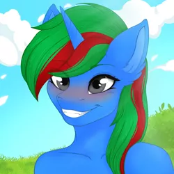 Size: 4050x4050 | Tagged: safe, artist:bellfa, derpibooru import, oc, oc:wander bliss, anthro, collarbone, embarrassed, female, gray eyes, green hair, horn, image, nature, png, shoulders, smiling, solo, solo female