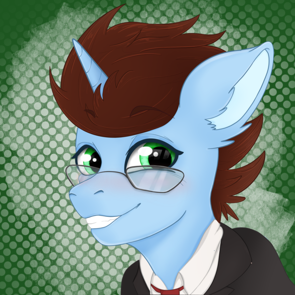 Size: 4050x4050 | Tagged: safe, artist:bellfa, derpibooru import, oc, oc:coda, pony, blazer, brown hair, bust, glasses, green background, green eyes, horn, image, looking at you, male, office, png, portrait, simple background, smiling, solo, solo male, working