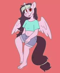 Size: 3170x3881 | Tagged: safe, artist:retromochi, derpibooru import, oc, oc:galactic lights, anthro, pegasus, barefoot, belly button, clothes, feet, happy, image, midriff, pegasus oc, png, short shirt, shorts, smiling, solo, toes, wings