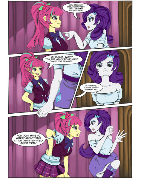 Size: 1280x1626 | Tagged: safe, artist:jennobasilicum, derpibooru import, rarity, sour sweet, dance magic, equestria girls, spoiler:eqg specials, belt, boots, bowtie, clothes, comic, crystal prep academy uniform, duo, eyeshadow, female, freckles, image, jpeg, makeup, open mouth, school uniform, shirt, shoes, skirt