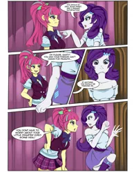 Size: 1280x1626 | Tagged: safe, artist:jennobasilicum, derpibooru import, rarity, sour sweet, dance magic, equestria girls, spoiler:eqg specials, belt, boots, bowtie, clothes, comic, crystal prep academy uniform, duo, eyeshadow, female, freckles, image, jpeg, makeup, open mouth, school uniform, shirt, shoes, skirt