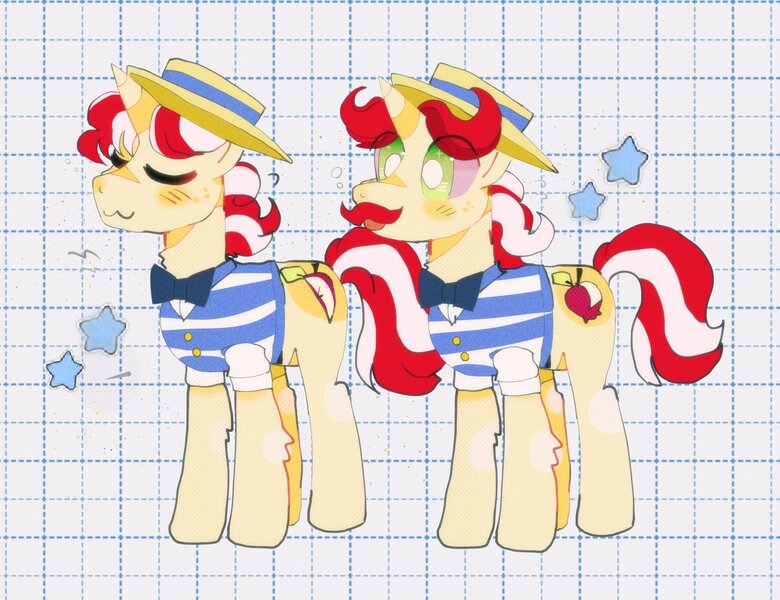 Size: 2838x2183 | Tagged: safe, artist:bug-roux, derpibooru import, flam, flim, pony, unicorn, bowtie, brothers, clothes, duo, duo male, eye clipping through hair, eyes closed, facial hair, flim flam brothers, hat, horn, image, jpeg, male, moustache, siblings, stallion, stars