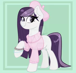 Size: 1280x1243 | Tagged: safe, artist:cadetredshirt, derpibooru import, oc, unofficial characters only, earth pony, pony, adoptable, bangs, beads, beauty mark, beret, bracelet, clothes, colored, digital art, ear fluff, eye clipping through hair, eyelashes, eyeshadow, female, for sale, green background, hat, image, jewelry, jpeg, long mane, long tail, looking at you, makeup, mare, no cutie marks yet, pink eyeshadow, purple eyes, purple hair, raised hoof, shiny, simple background, simple shading, smiling, smiling at you, solo, solo female, standing, straight hair, straight mane, sweater, tail, two toned mane, two toned tail, watermark, white coat