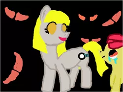 Size: 602x452 | Tagged: safe, derpibooru import, apple bloom, oc, oc:ruby, oc:ruby (story of the blanks), earth pony, ghost, ghost pony, pony, undead, zombie, zombie pony, story of the blanks, black background, crying, female, filly, foal, glow, glowing eyes, image, jpeg, looking at each other, looking at someone, magnifying glass, mare, red eyes, sad, simple background, smiling