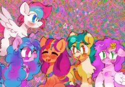 Size: 1280x887 | Tagged: safe, artist:bug-roux, derpibooru import, hitch trailblazer, izzy moonbow, pipp petals, sunny starscout, zipp storm, earth pony, pegasus, pony, unicorn, eye clipping through hair, eyes closed, female, g5, horn, image, jpeg, looking at someone, male, mare, one eye closed, stallion, wings, wink