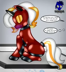 Size: 3840x4154 | Tagged: safe, artist:damlanil, derpibooru import, oc, oc:sunday cream, latex pony, original species, pony, unicorn, series:becoming drone, bdsm, bondage, boots, close-up, clothes, collar, comic, commission, damlanil's lab, encasement, female, flask, gas mask, horn, image, laboratory, latex, latex boots, living latex, mare, mask, mind control, png, restrained, rubber, rubber drone, rubber suit, shiny, shiny mane, shoes, show accurate, speech bubble, story, story included, text, transformation, vector