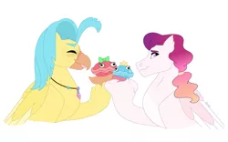 Size: 1280x800 | Tagged: safe, artist:itstechtock, derpibooru import, princess skystar, shelldon, shelly, oc, oc:solaris, classical hippogriff, hippogriff, hybrid, my little pony: the movie, clam, image, interspecies offspring, jpeg, magical lesbian spawn, offspring, parent:princess celestia, parent:queen novo, parents:novolestia, simple background, white background