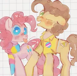 Size: 1024x1007 | Tagged: safe, artist:bug-roux, derpibooru import, cheese sandwich, pinkie pie, earth pony, pony, cheesepie, clothes, duo, female, image, jpeg, looking at you, male, mare, one eye closed, pansexual pride flag, pride, pride flag, scarf, shipping, simple background, stallion, straight, striped scarf, tongue out, transgender pride flag, white background, wink, winking at you