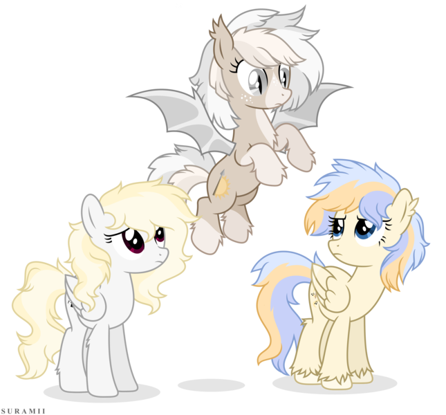 Size: 2539x2362 | Tagged: safe, artist:suramii, derpibooru import, oc, oc:amalia, oc:cuddy, oc:souvenir, bat pony, pegasus, pony, deviantart watermark, female, image, mare, obtrusive watermark, png, simple background, transparent background, watermark