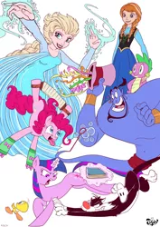 Size: 3508x4961 | Tagged: safe, artist:jowybean, derpibooru import, pinkie pie, spike, twilight sparkle, earth pony, pony, unicorn, anna (frozen), elsa, frozen (movie), genie (aladdin), image, jpeg, simple background, sylvester, tweety bird, unicorn twilight, white background