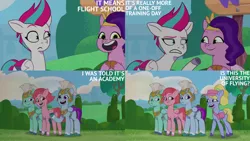 Size: 1280x720 | Tagged: safe, derpibooru import, edit, edited screencap, editor:quoterific, screencap, pipp petals, zipp storm, pegasus, pony, my little pony: tell your tale, zipp's flight school, spoiler:g5, spoiler:my little pony: tell your tale, spoiler:tyts01e02, female, fifi (g5), g5, image, jpeg, male, mare, open mouth, open smile, smiling, stallion, text, thunder (g5), windy (g5), zoom zephyrwing