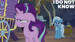 Size: 1280x720 | Tagged: safe, derpibooru import, edit, edited screencap, editor:quoterific, screencap, starlight glimmer, trixie, pony, unicorn, road to friendship, season 8, spoiler:s08, duo, female, floppy ears, image, jpeg, mare, open mouth, text, trixie's wagon, wagon