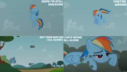 Size: 1280x720 | Tagged: safe, derpibooru import, edit, edited screencap, editor:quoterific, screencap, rainbow dash, pegasus, pony, season 2, the mysterious mare do well, eyes closed, female, flying, image, mare, open mouth, open smile, png, smiling, solo, spread wings, text, wings