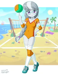 Size: 1000x1287 | Tagged: safe, artist:uotapo, derpibooru import, silver spoon, equestria girls, ball, beach, clothes, cute, female, gameloft, gameloft interpretation, glasses, image, jpeg, knee pads, leotard, sand, shoes, silverbetes, sneakers, socks, solo, sports, summer, sun, tree, volleyball, volleyball net