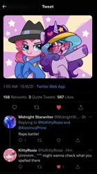 Size: 933x1661 | Tagged: suggestive, artist:kittyrosie, derpibooru import, izzy moonbow, pinkie pie, earth pony, pony, unicorn, season 4, testing testing 1-2-3, baseball cap, blushing, cap, clothes, cute, diapinkes, female, fit right in (g5), g4, g5, hat, hoodie, image, izzy the rapper, izzybetes, looking at each other, looking at someone, mare, meta, misspelling, open mouth, open smile, png, rapper, rapper pie, shutter shades, simple background, smiling, sunglasses, twitter