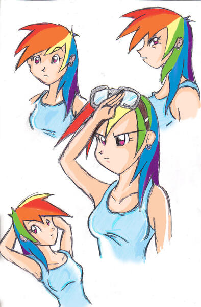 Size: 1148x1747 | Tagged: safe, artist:frankaraya, derpibooru import, rainbow dash, human, 2011, arm behind head, clothes, female, humanized, image, jpeg, multicolored hair, rainbow hair, tanktop