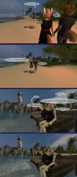 Size: 1440x3306 | Tagged: safe, artist:spud, derpibooru import, button mash, oc, oc:cream heart, anthro, comic:family bonds, 3d, beach, clothes, comic, holding hands, image, jpeg, lighthouse, ocean, palm tree, pointing, source filmmaker, tree, walking, water