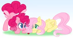 Size: 2644x1382 | Tagged: safe, artist:computershits, derpibooru import, fluttershy, pinkie pie, insect, ladybug, pegasus, pony, :o, c:, curious, duo, female, folded wings, gradient background, hoof heart, image, mare, open mouth, pegasus pinkie pie, png, race swap, simple background, smiling, spread wings, wings