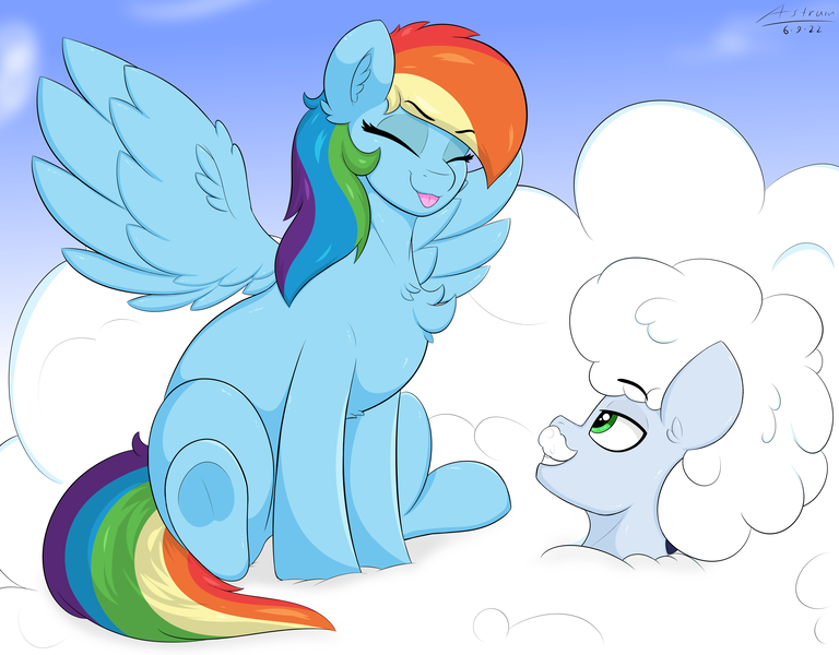 Size: 3200x2500 | Tagged: safe, artist:astrum, derpibooru import, rainbow dash, soarin', pegasus, pony, fanfic:head in the clouds, :p, chest fluff, cloud, cute, dashabetes, digital art, duo, duo male and female, ear fluff, eyebrows, eyebrows visible through hair, eyes closed, fanfic art, female, frog (hoof), grin, high res, image, lidded eyes, looking at someone, looking up, male, mare, on a cloud, playful, png, raised eyebrow, shipping, signature, silly, sitting, sitting on cloud, sky, smiling, soarindash, spread wings, stallion, straight, tongue out, underhoof, wholesome, wings