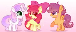 Size: 1400x600 | Tagged: safe, artist:computershits, derpibooru import, apple bloom, scootaloo, sweetie belle, earth pony, pegasus, pony, unicorn, alternate design, alternate hairstyle, arm fluff, bandage, base used, blank flank, chest fluff, curly hair, cutie mark crusaders, ear fluff, female, filly, foal, gradient background, grin, image, lightly watermarked, looking at each other, looking at someone, pink background, png, raised hoof, show accurate, simple background, smiling, sparkles, trio, watermark