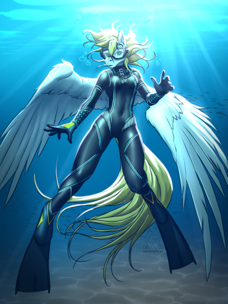 Size: 3000x4000 | Tagged: safe, artist:mykegreywolf, derpibooru import, oc, oc:cutting chipset, unofficial characters only, anthro, fish, pegasus, pony, bubble, clothes, crepuscular rays, ear fluff, feather, female, flippers (gear), flowing mane, flowing tail, goggles, green eyes, image, logo, ocean, open mouth, png, solo, spread wings, sunlight, swimsuit, tail, underwater, water, wetsuit, wings