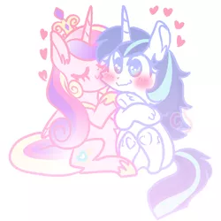 Size: 640x640 | Tagged: safe, artist:computershits, derpibooru import, princess cadance, shining armor, alicorn, unicorn, blushing, crossed arms, crown, duo, female, flustered, gleaming cadance, gleaming shield, half r63 shipping, heart, hoof shoes, image, jewelry, lesbian, lightly watermarked, male, nuzzling, png, regalia, rule 63, shiningcadance, shipping, simple background, sitting, straight, watermark, white background